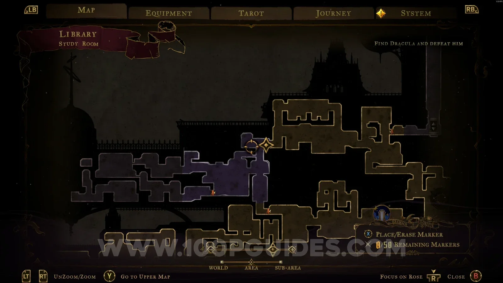 Castlevania Belmonts Curse Study Room map with the area of XP Statue #89 marked