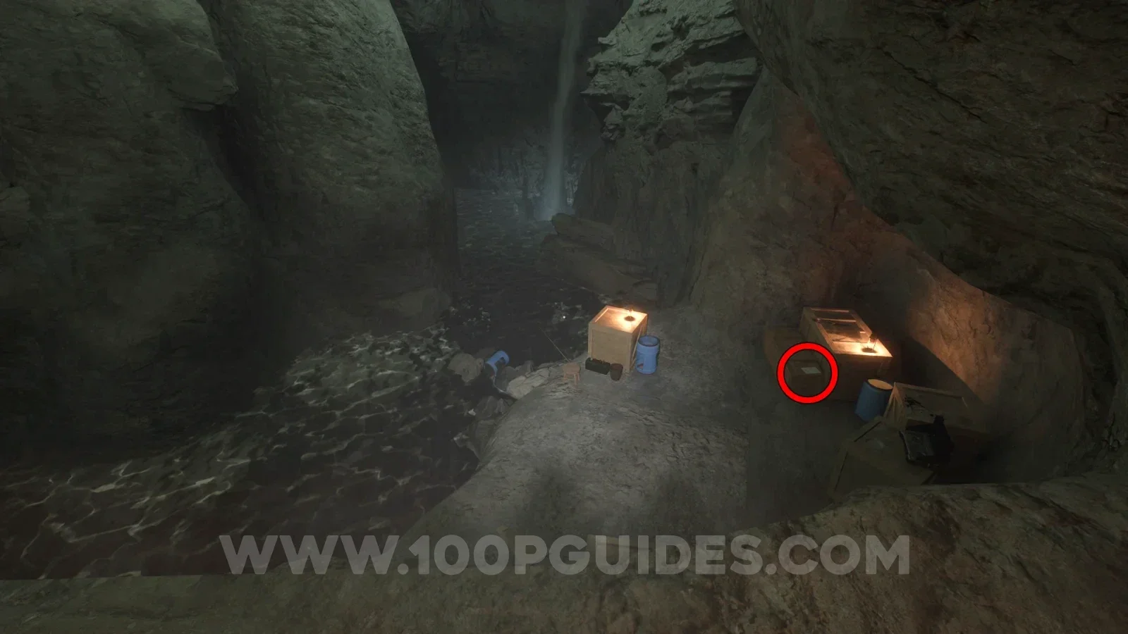 Terrible Lizards Chapter 3: Fishing in the caves note among the boxes and barrels below on the right before the water