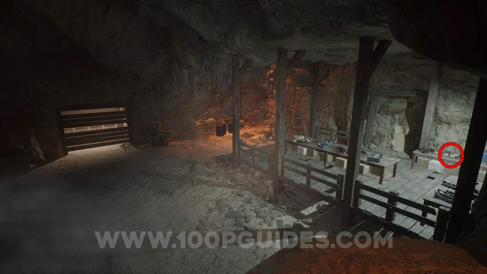 Terrible Lizards Chapter 2: area with a paleo pal statue ahead and a lit up workstation area on the right