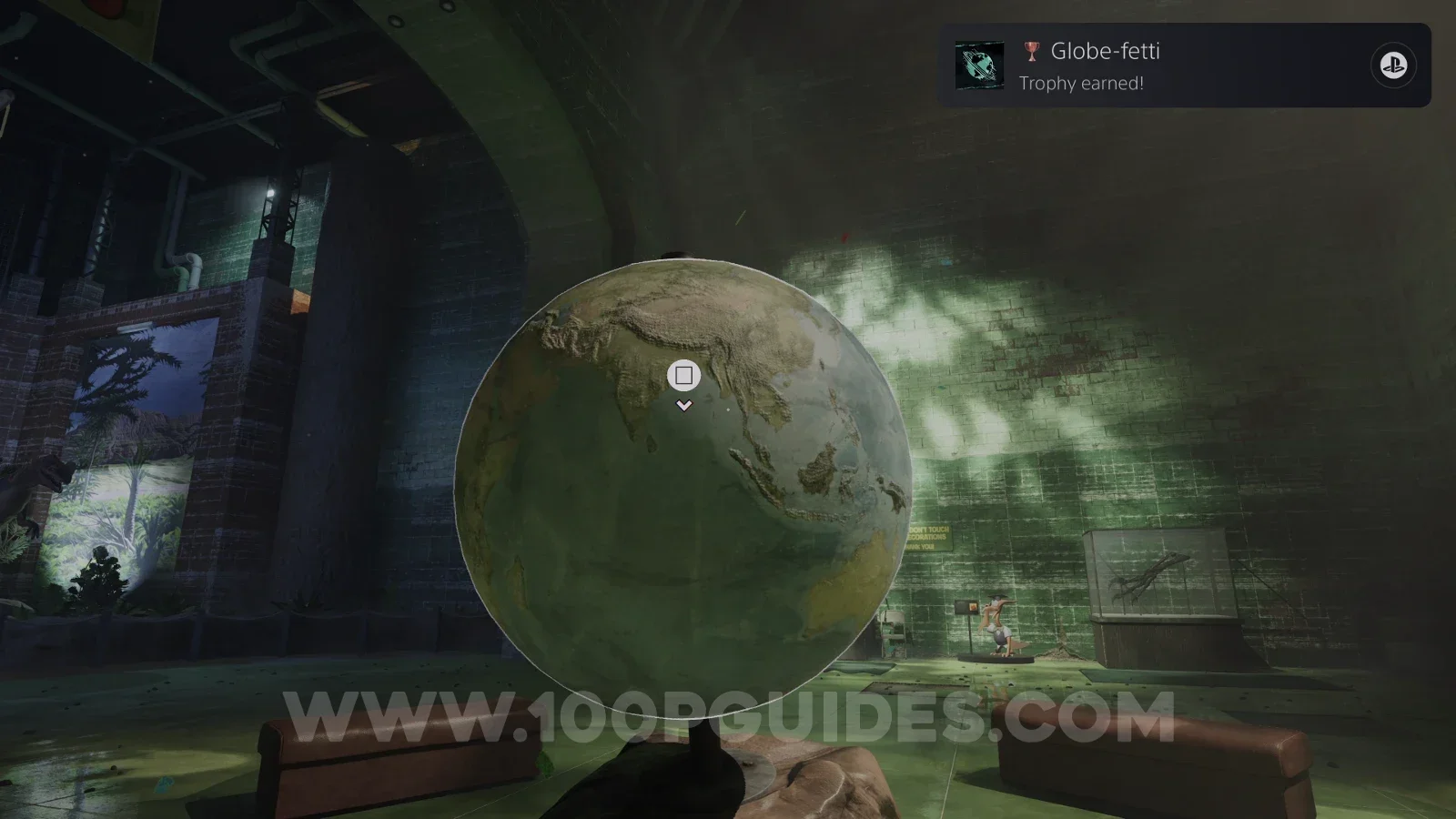 Terrible Lizards Level 1: spinning the globe near the employee's spot for the Globe-fetti trophy