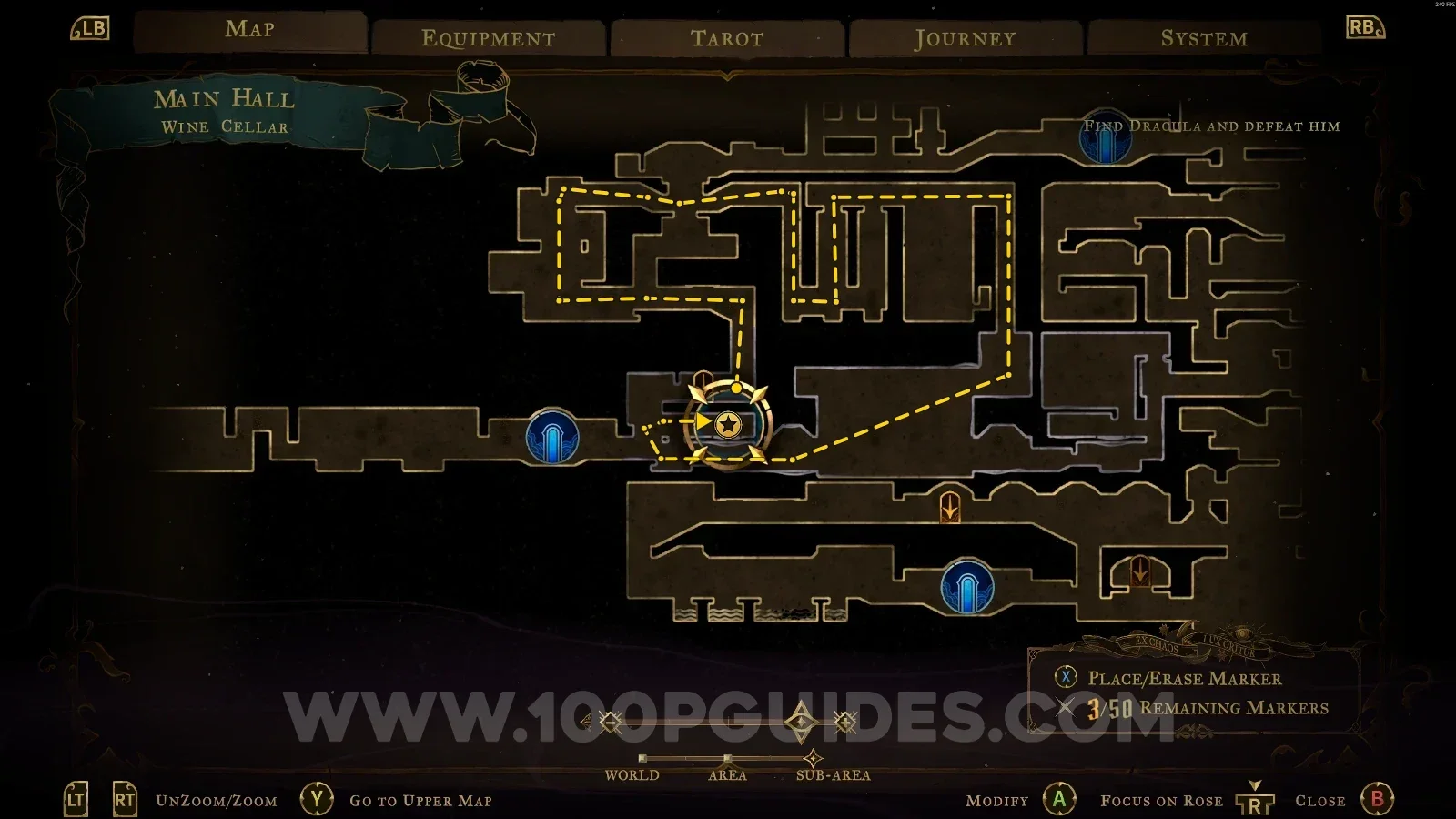Castlevania Belmont's Curse Wine Cellar: map showing the path to Wise Heart Fragment #11