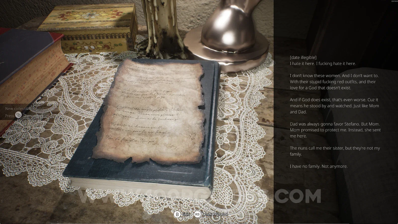 Remothered: Red Nuns Legacy Convent #1: Gloria's Diary next to the bed