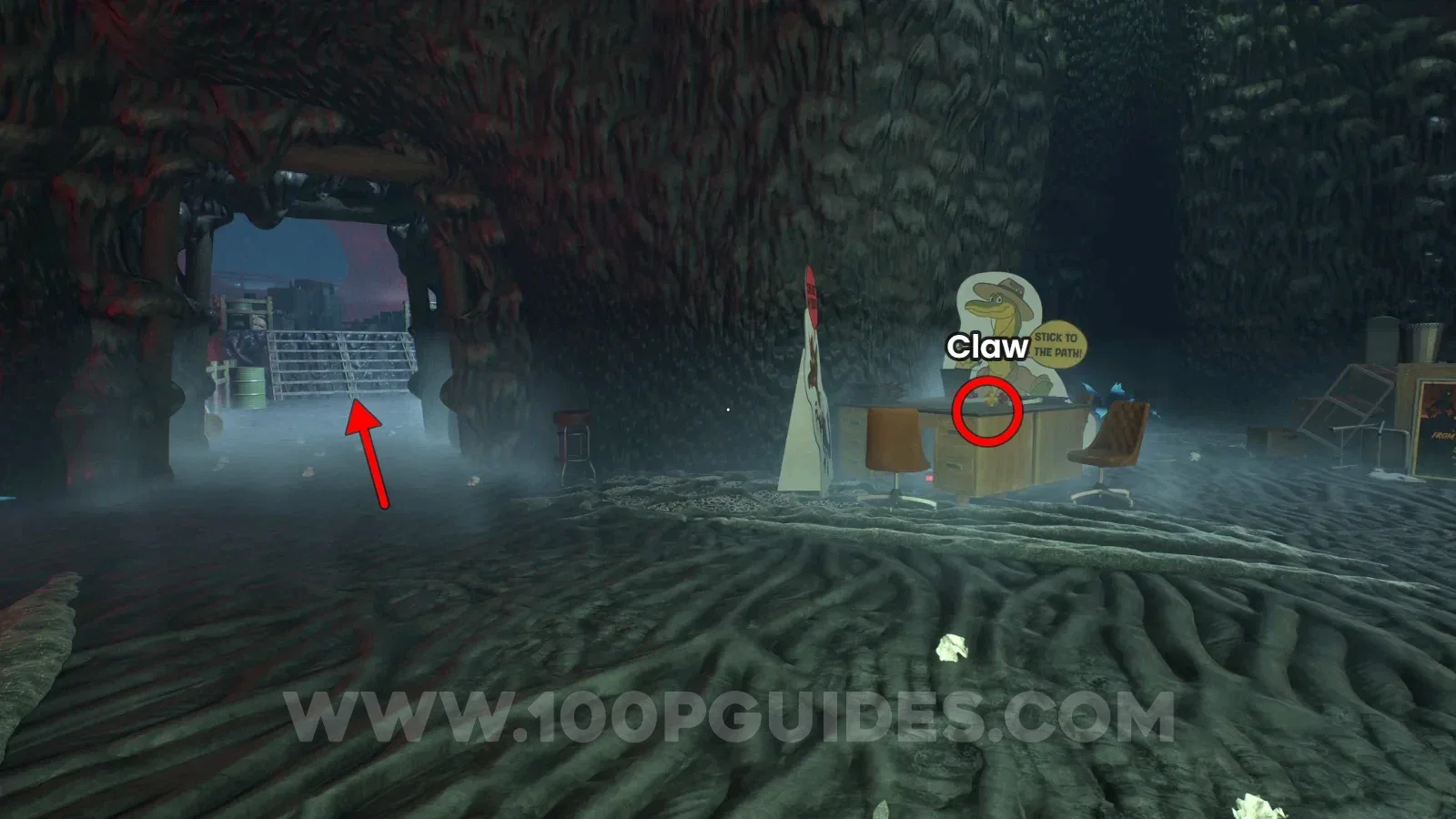 Terrible Lizards Chapter 4: stairs outside the claw room in the large open area with the working tommy gun