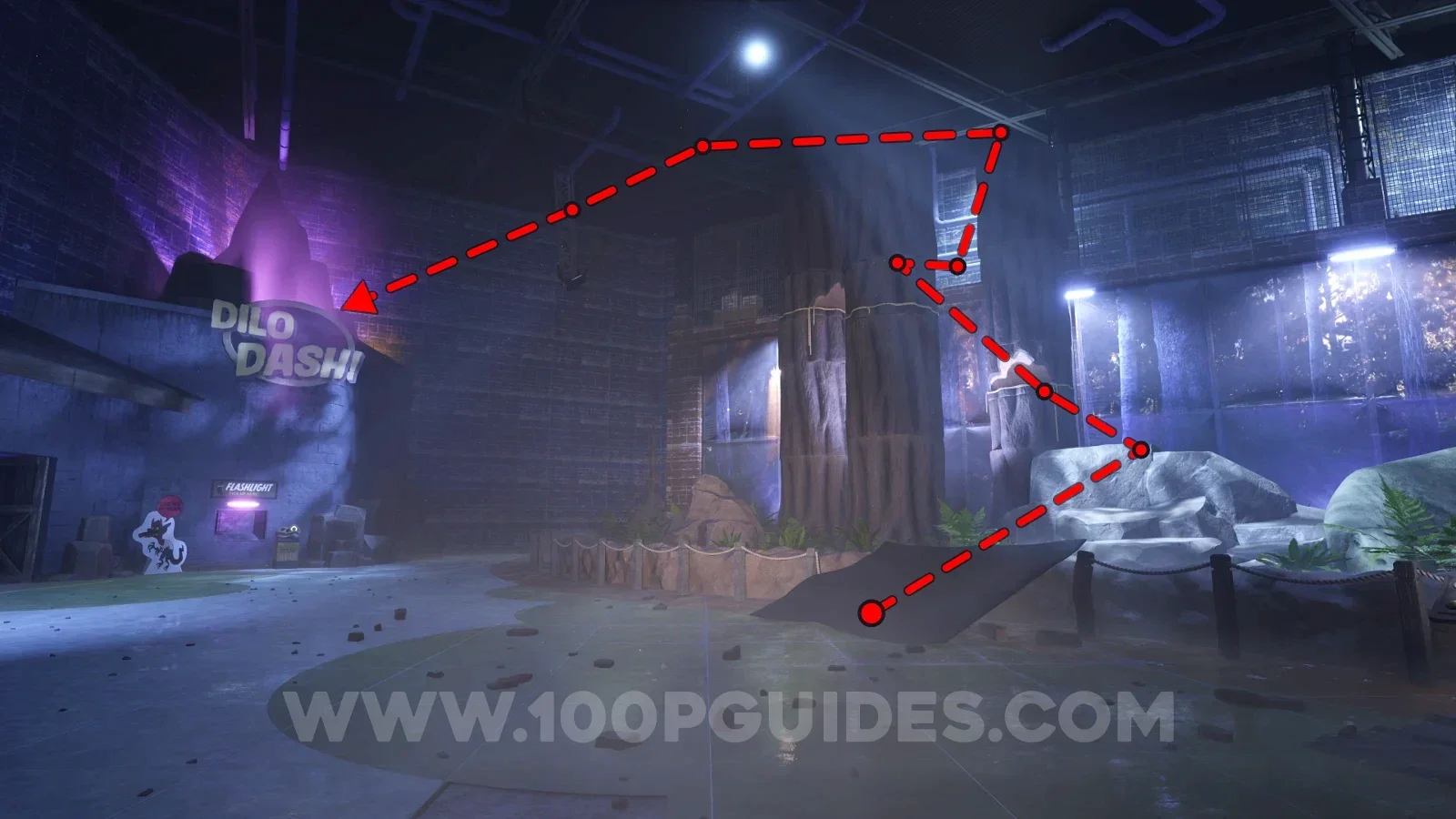 Terrible Lizards Chapter 1: jumping on top of the tree and using hanging metal structures above the token room