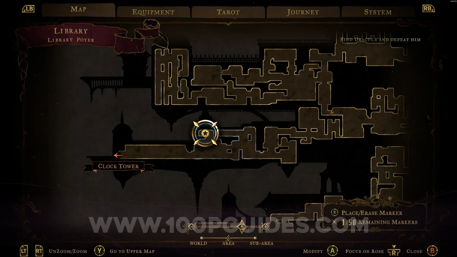 Castlevania Belmonts Curse Library Foyer map with the area of XP Statue #85 marked