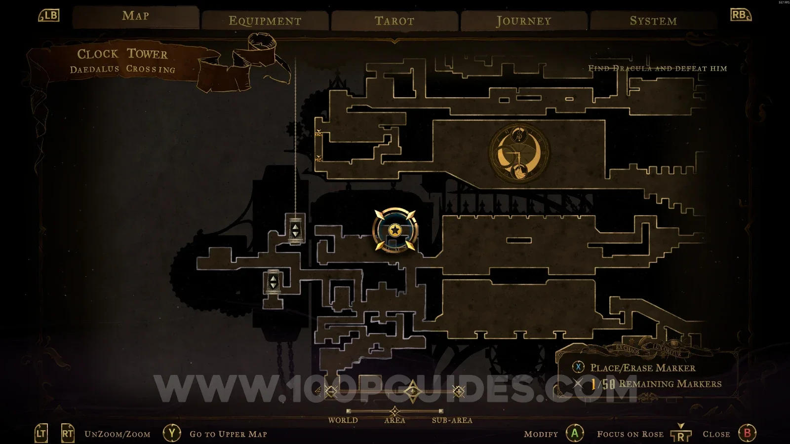Castlevania Belmonts Curse Daedalus Crossing map marking the Vile Trinket relic at the top