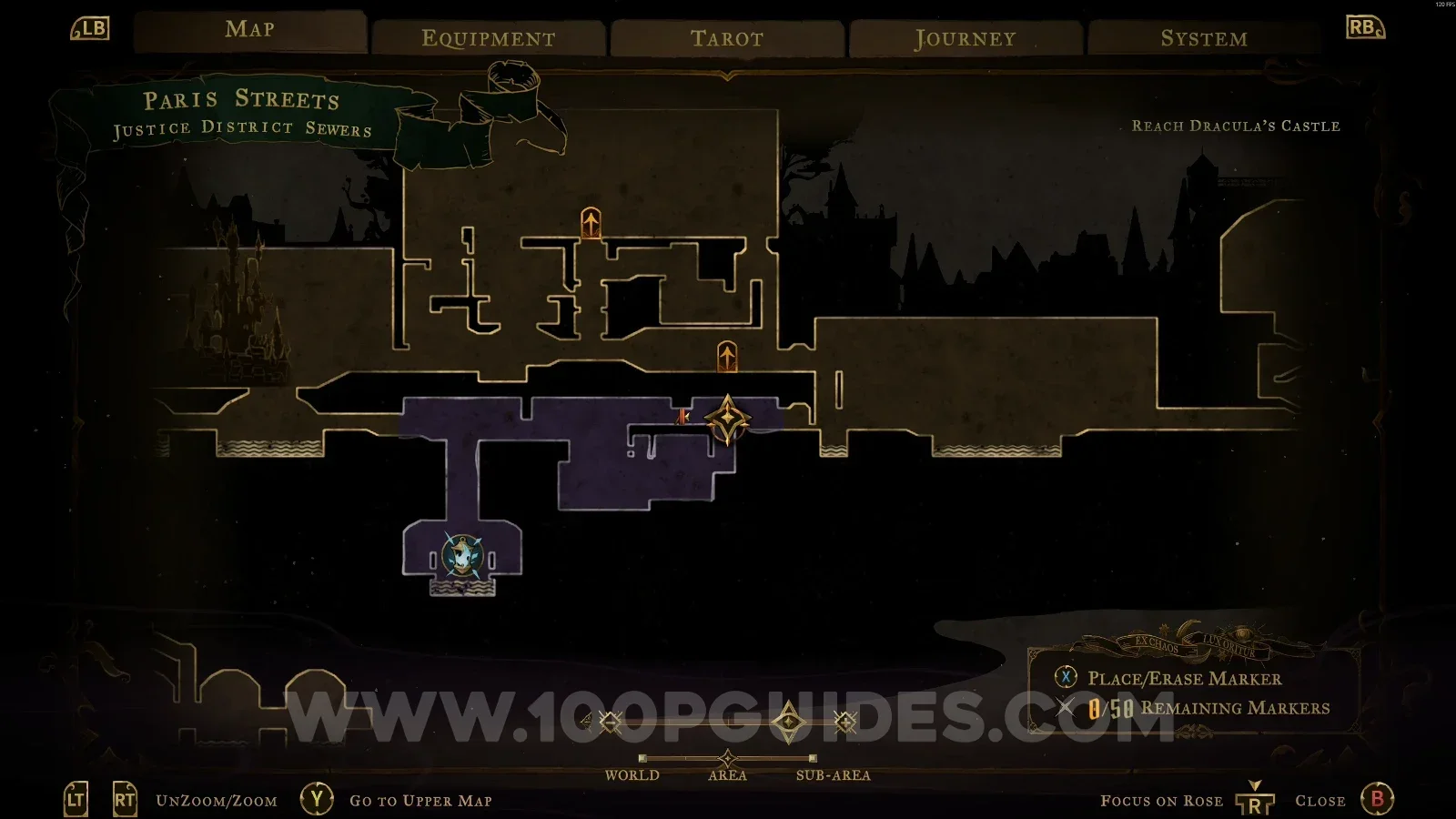 Castlevania Belmonts Curse Justice District Sewers: map marking the chest with Weapon #5 Bastard Sword
