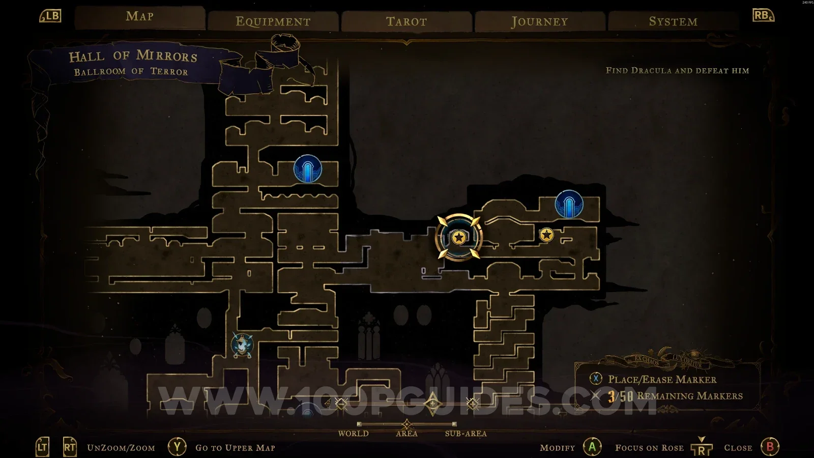 Castlevania Belmont's Curse Ballroom Of Terror: map with the area of Wise Heart Fragment #22 marked
