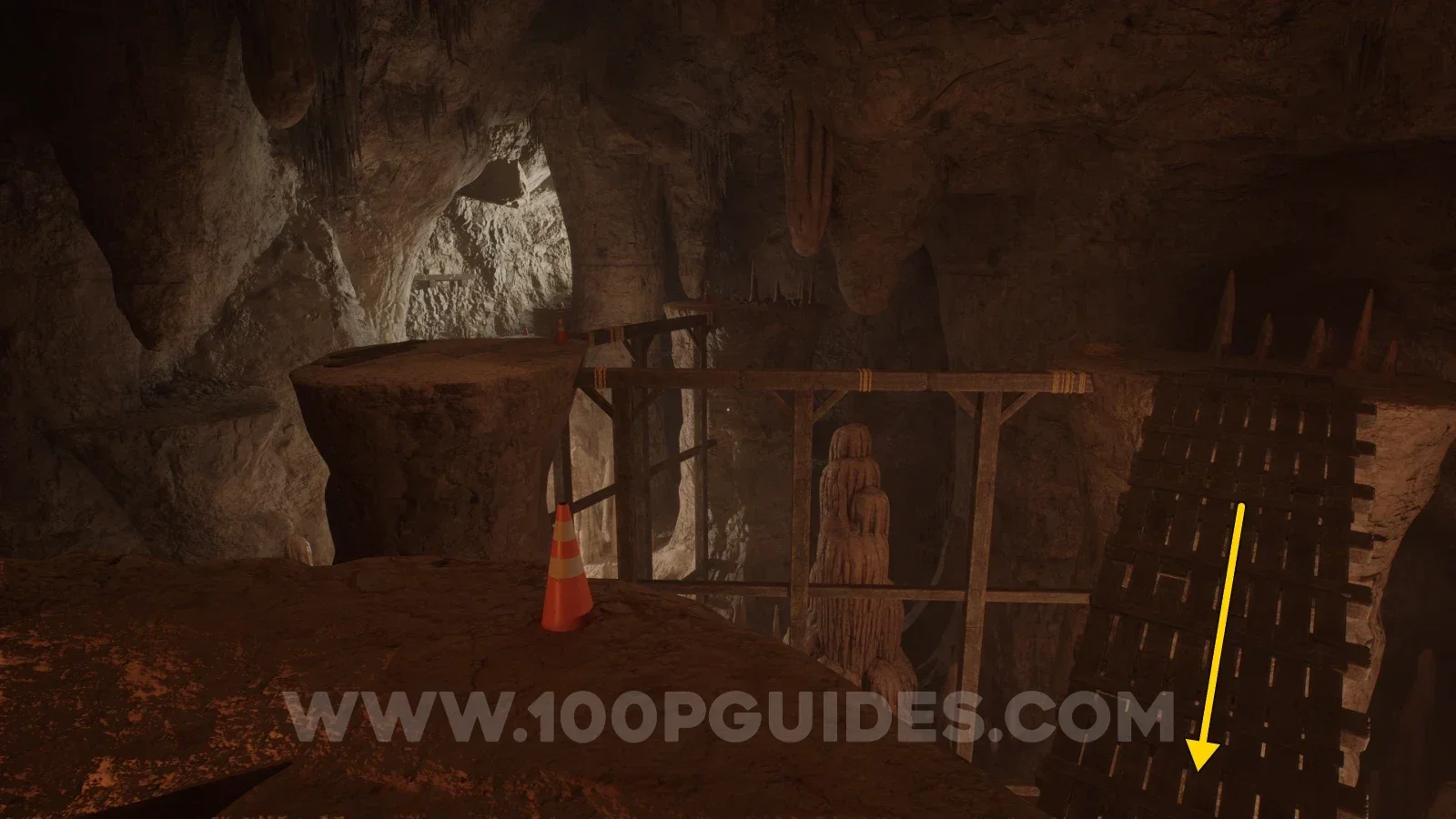 Terrible Lizards Chapter 2: room with tall pillars, narrow wooden beams and a wooden ramp going down on the right