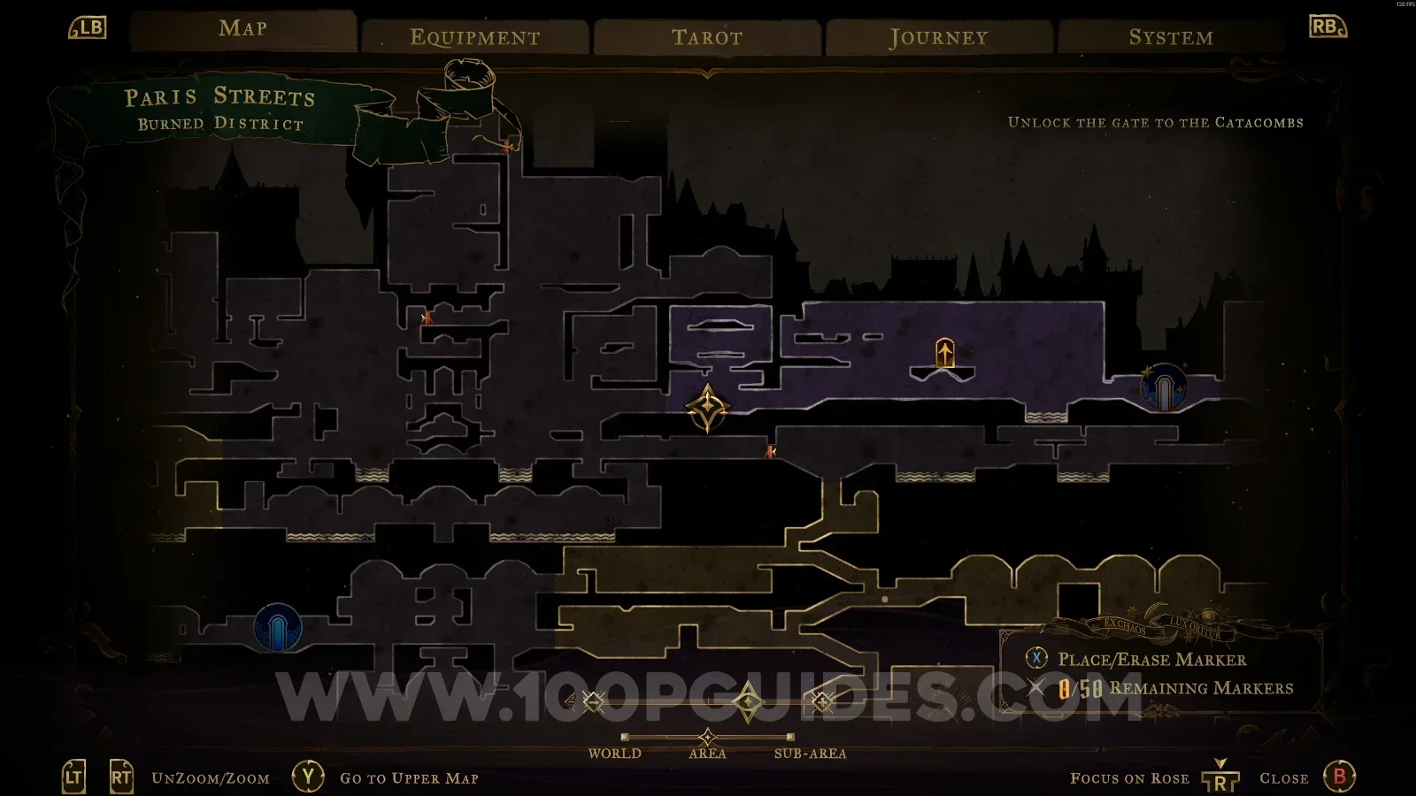 Castlevania Belmonts Curse Burned District: map marking the area of XP Statue #20 and Relic #5