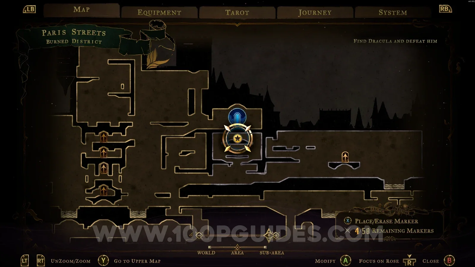 Castlevania Belmonts Curse Burned District map marking the Shadow Veil relic at the top