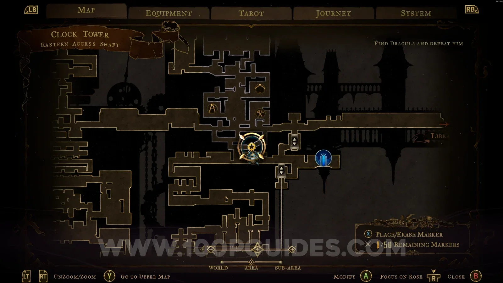 Castlevania Belmonts Curse Eastern Access Shaft map with the area of XP Statue #95 marked