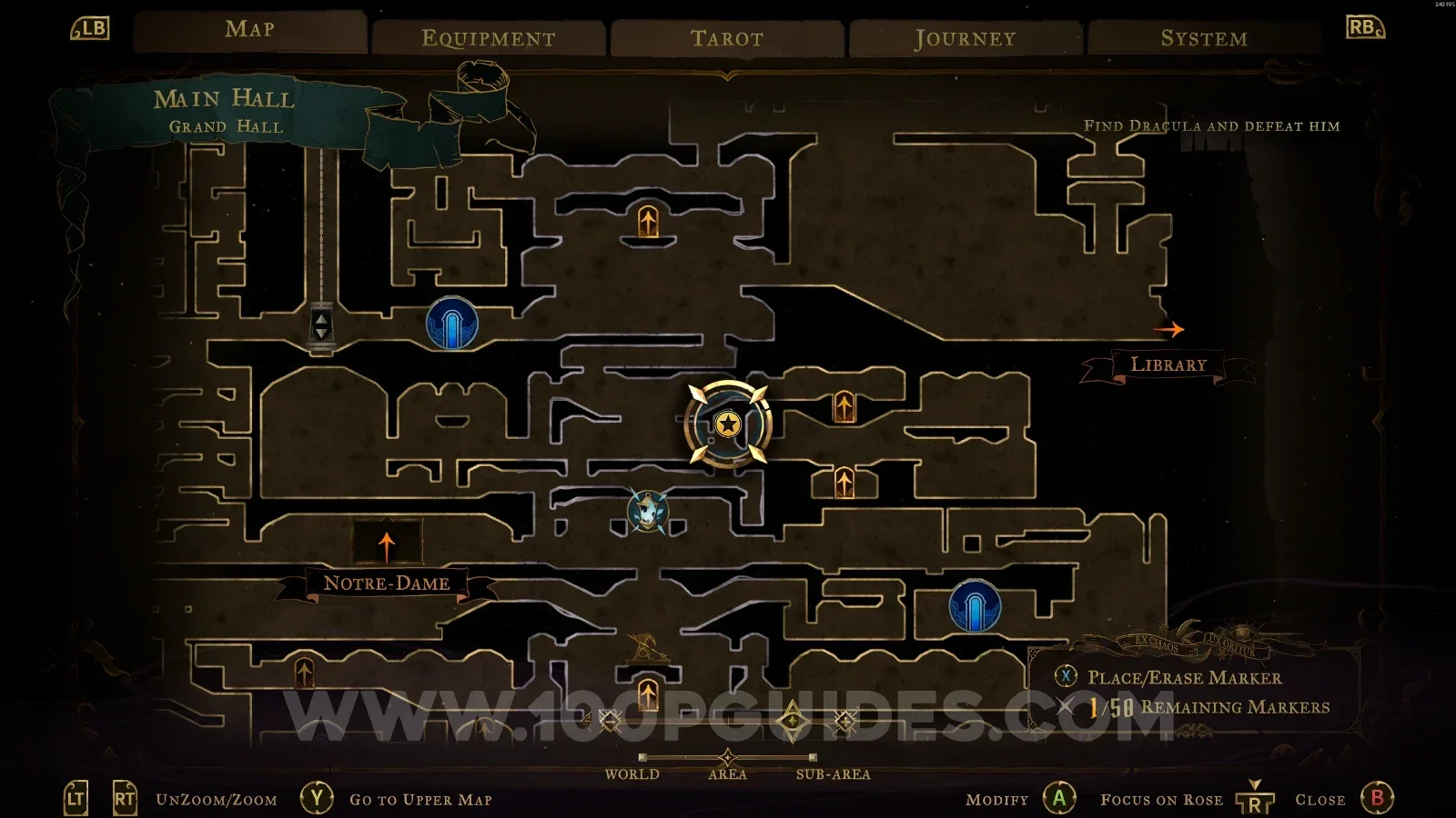Castlevania Belmonts Curse Grand Hall map with the area of XP Statue #68 marked