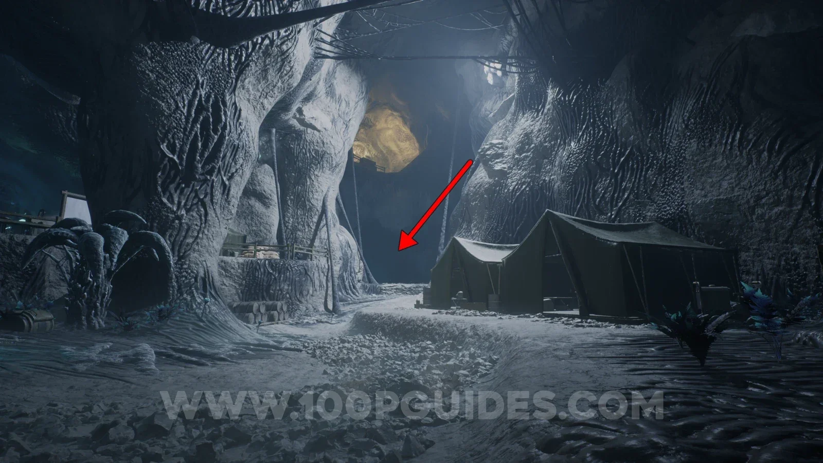 Terrible Lizards Chapter 4: path under the yellow light straight ahead from the tent area entrance