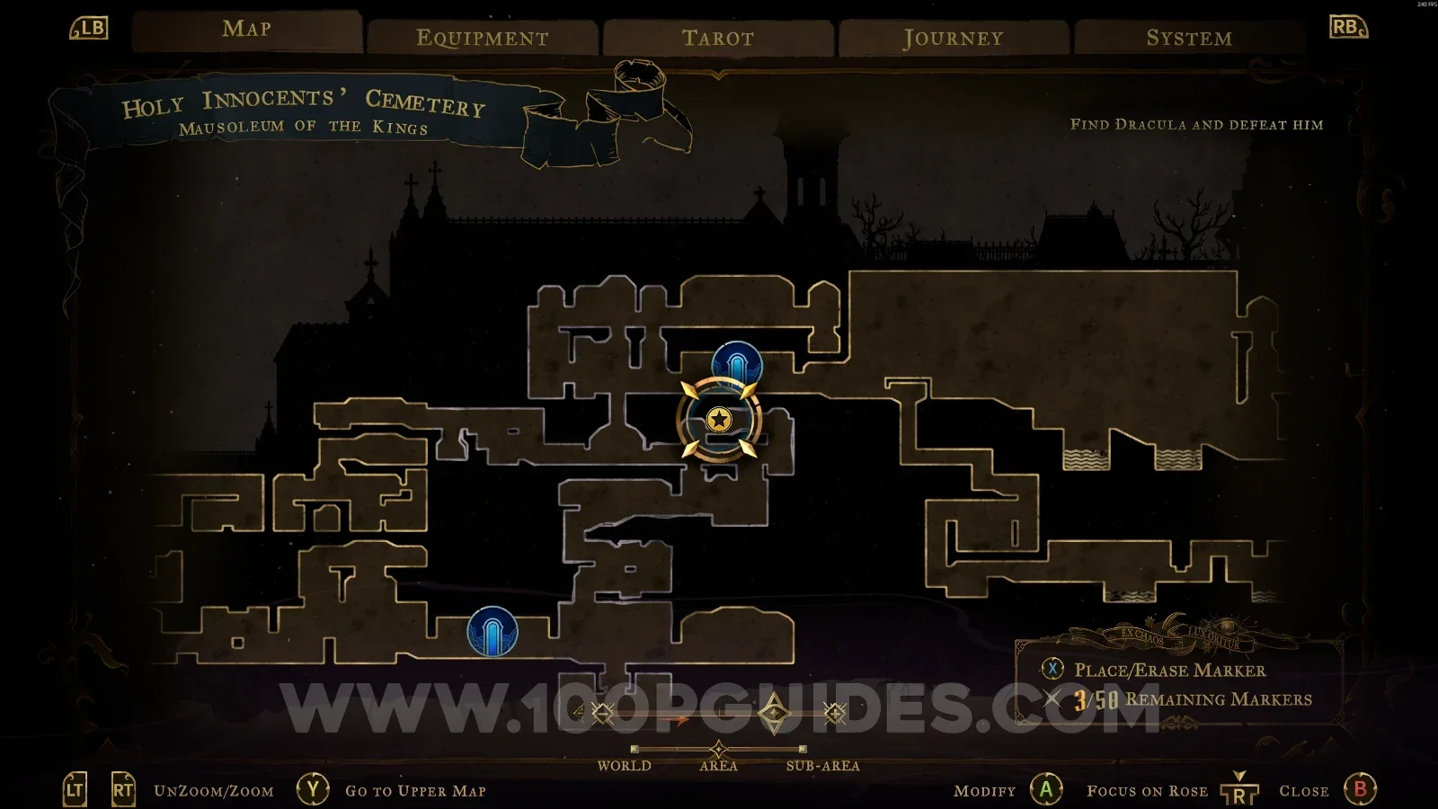 Castlevania Belmont's Curse Mausoleum Of The Kings: map with the area of Wise Heart Fragment #6 marked