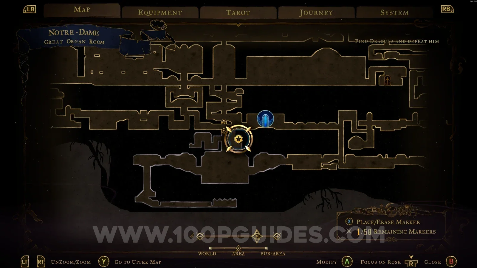 Castlevania Belmonts Curse Great Organ Room map with the area of XP Statue #108 marked
