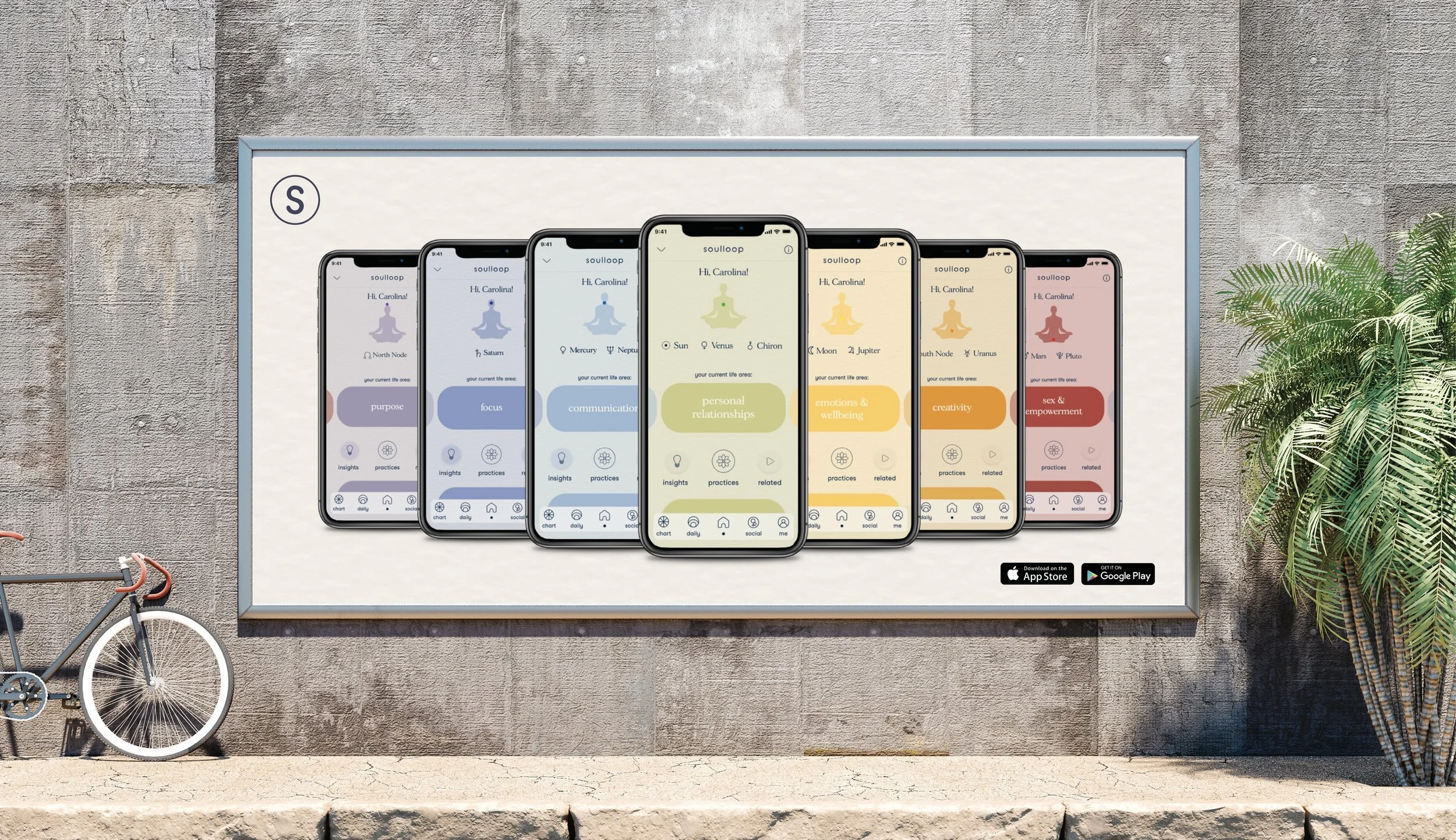 Original Soulloop outdoor campaign showing seven colourful app journeys