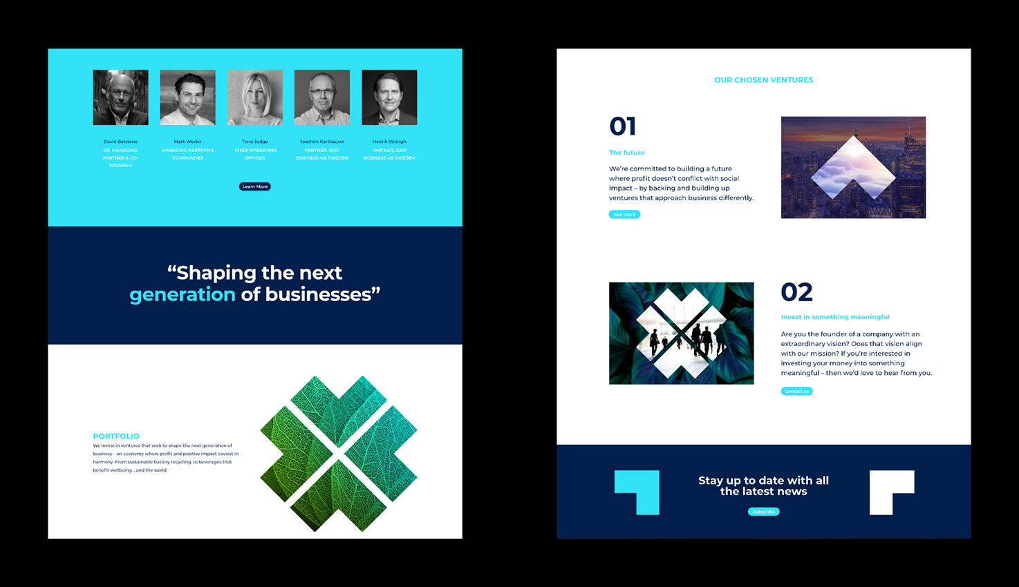 Original Just Business team and investment philosophy website designs