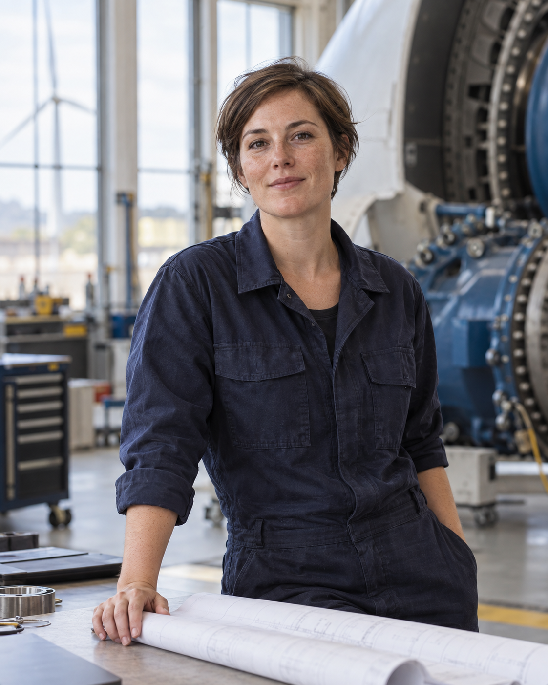 Generated editorial portrait concept of an unnamed engineer in navy workwear inside a wind-energy workshop
