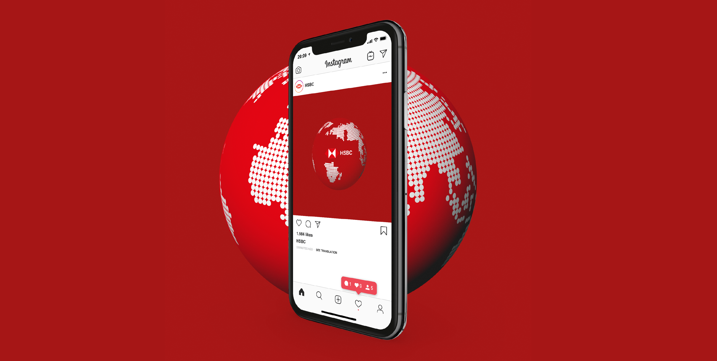 Original HSBC social campaign presentation on a mobile phone, featuring Phable’s red globe artwork