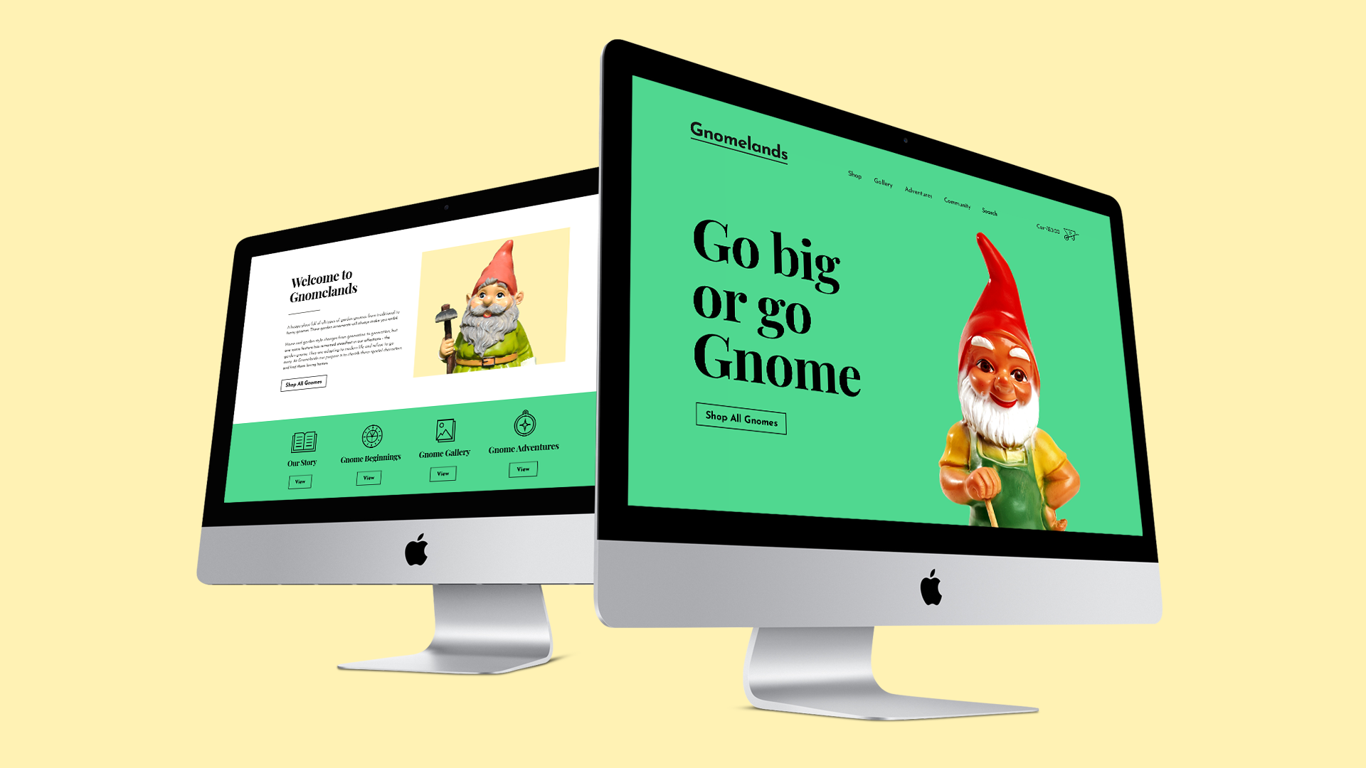 Original Gnomelands ecommerce website on two desktop screens, with mint-green branding and a red-hat gnome