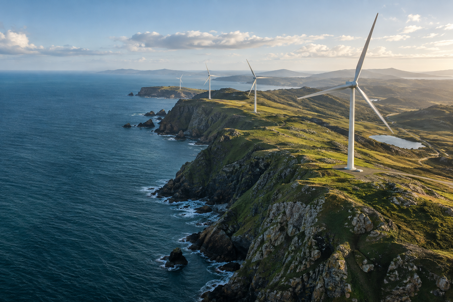 Conceptual editorial photograph of white wind turbines on a rugged coastal headland