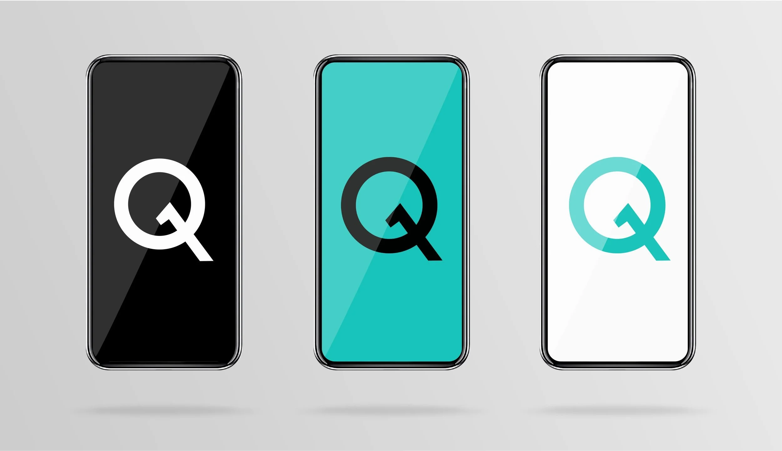 Original Quantal Q symbol applied to three phone screens in black white and turquoise