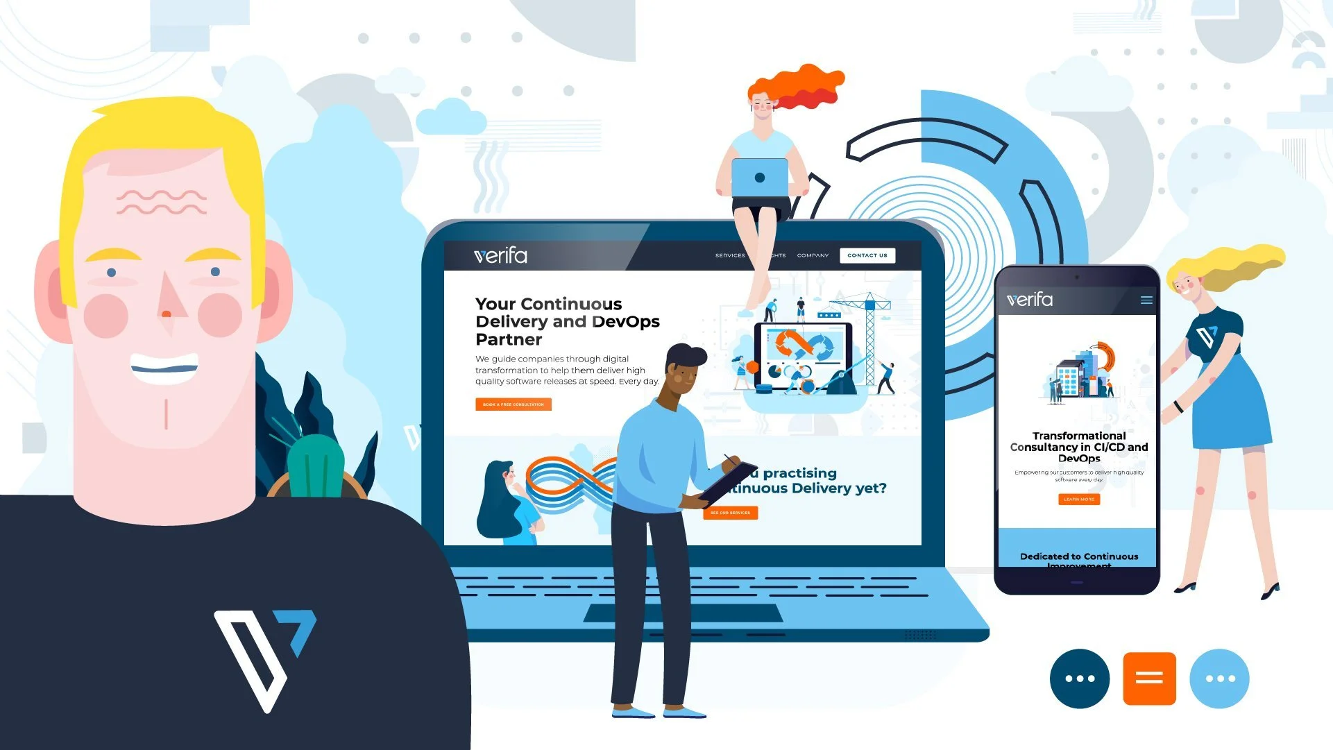 Original Verifa responsive brand illustration with a laptop, mobile website and illustrated team members