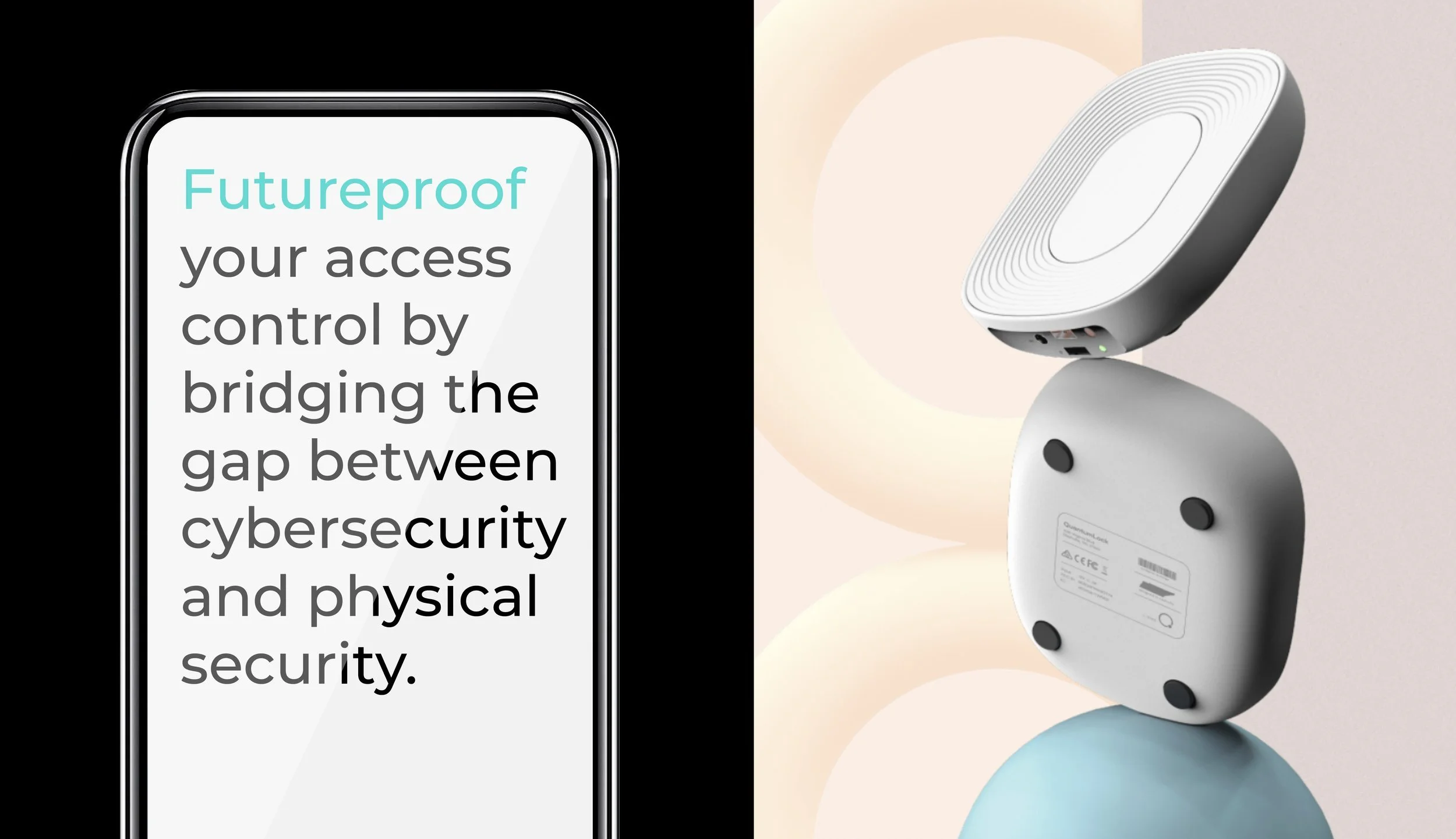 Original Quantal mobile product story connecting cybersecurity and physical security alongside access-control hardware