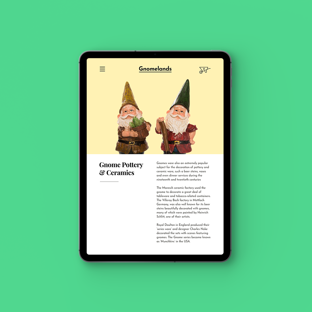Original Gnomelands tablet website design featuring an editorial page about gnome pottery and ceramics