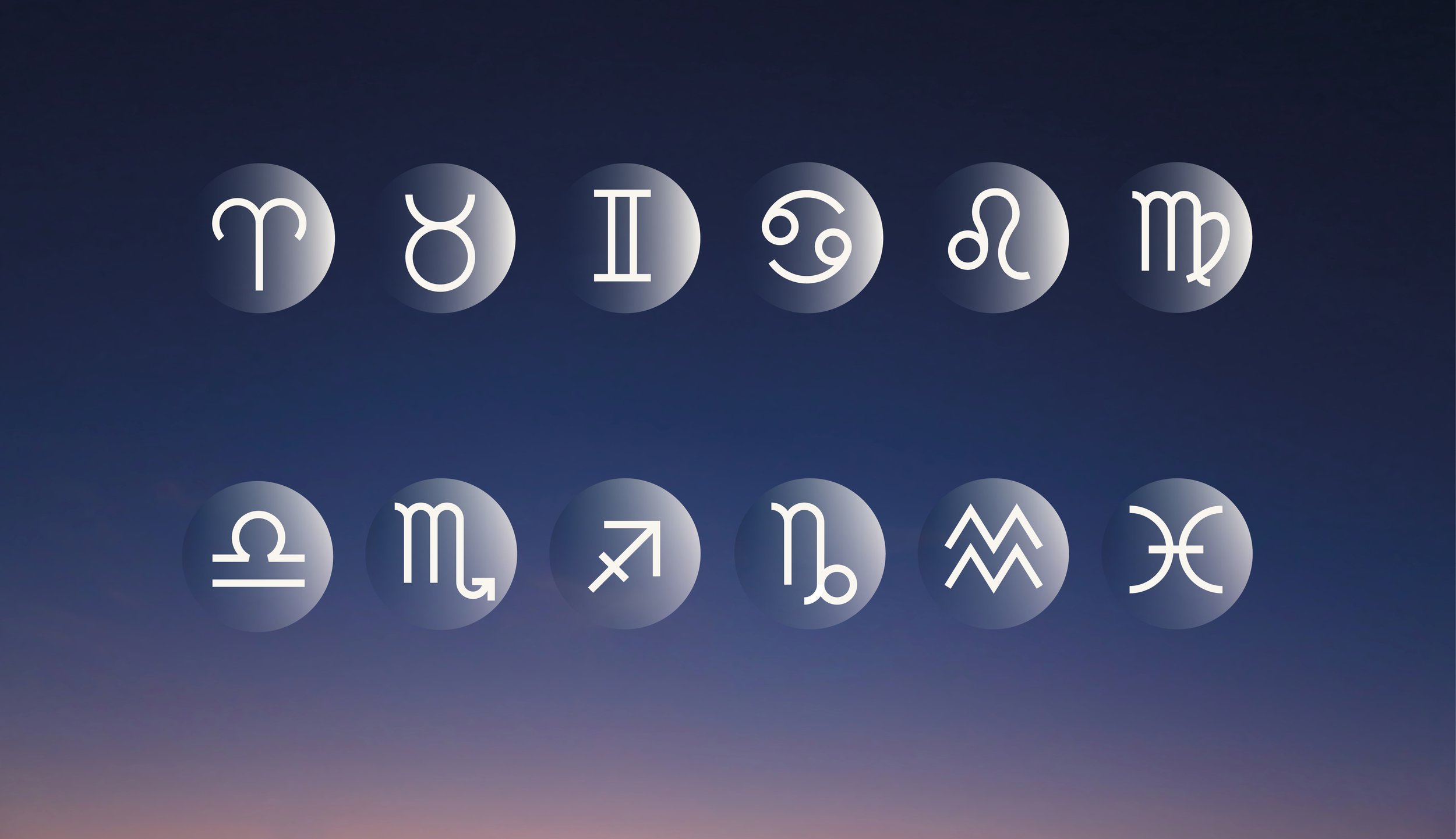 Twelve original Soulloop zodiac app icons, with fine white symbols on softly shaded spheres