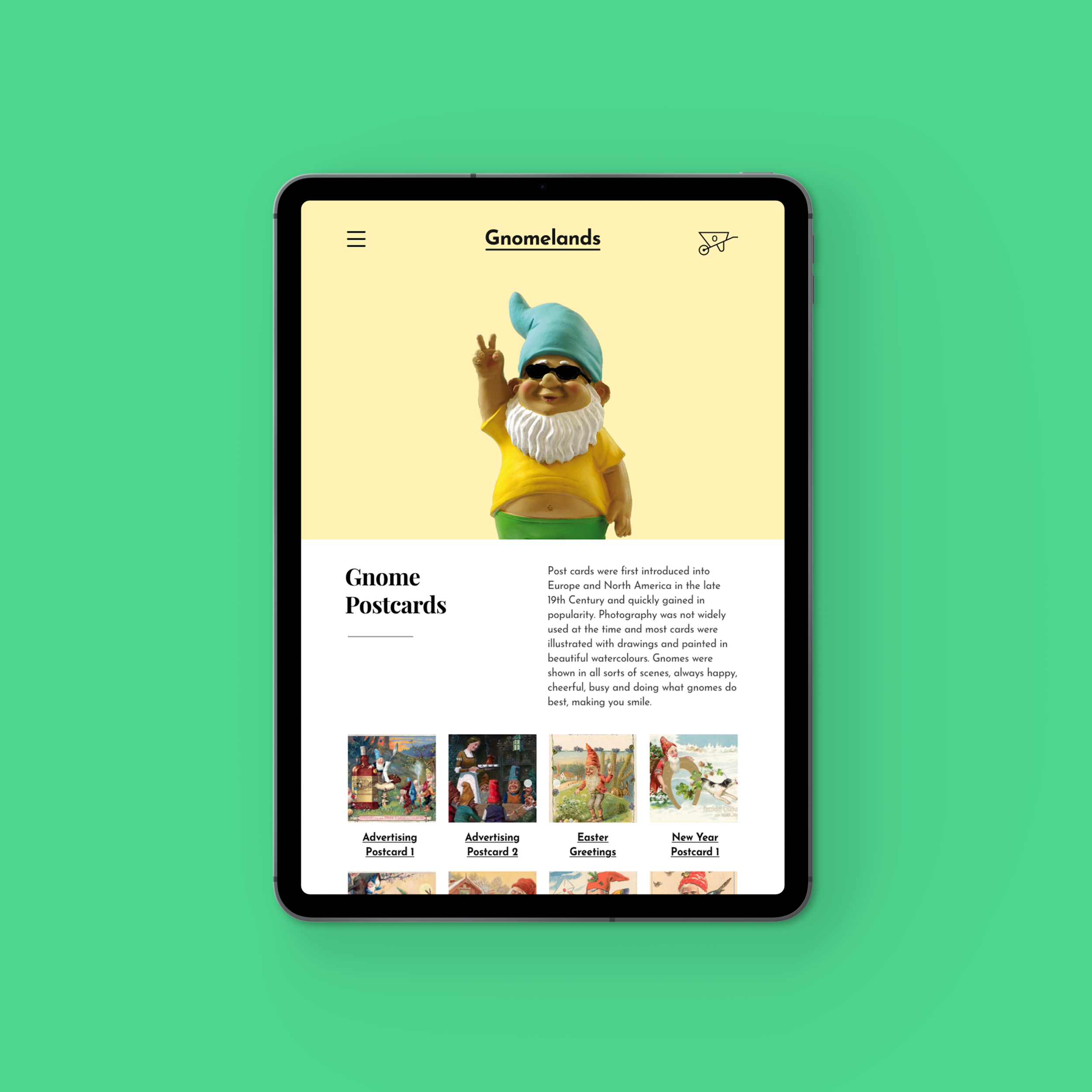Original Gnomelands tablet website design featuring gnome postcards and history