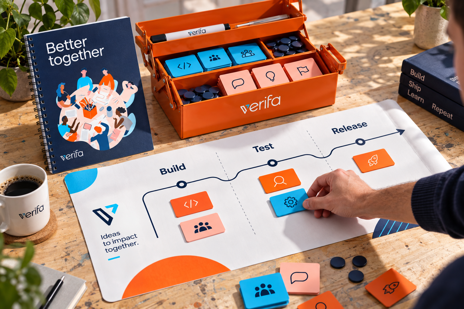 Verifa workshop toolkit concept with an orange metal toolbox, blue and peach process tiles, a flow-mapping mat and original illustration workbook