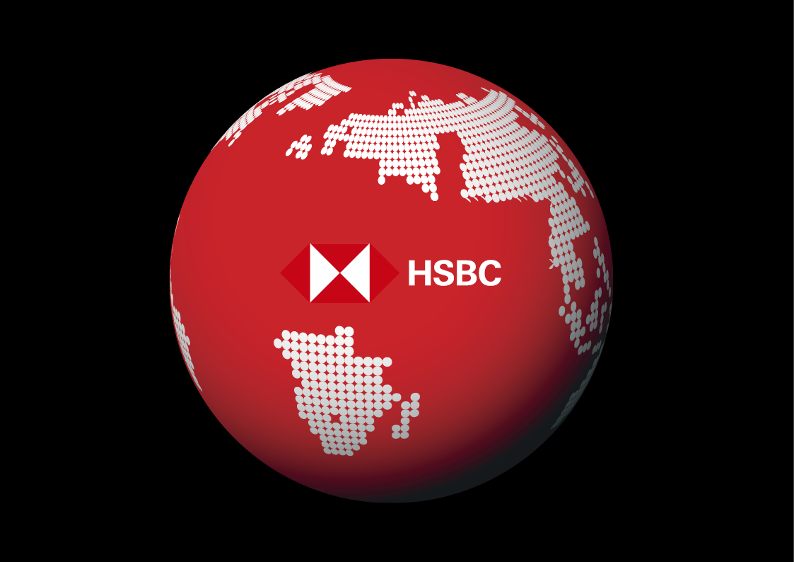 Original HSBC campaign key visual: red globe, white dotted continents and HSBC logo