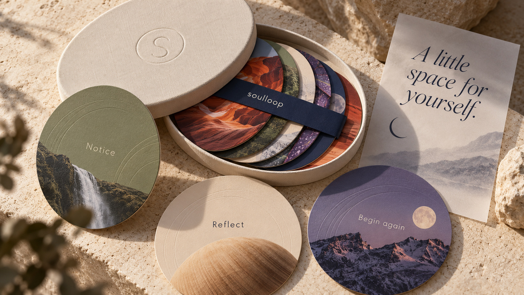 Proposed Soulloop circular reflection cards with landscape photography, embossed orbital lines and a cream clothbound case