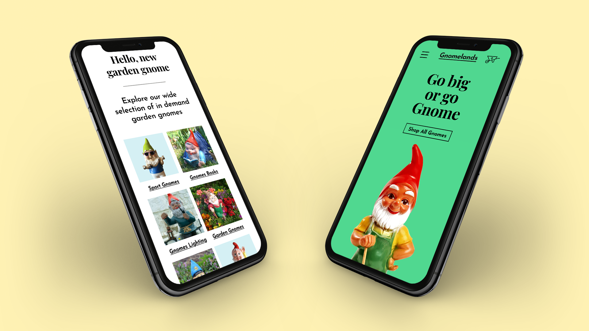 Original Gnomelands mobile ecommerce website design with a gnome-led homepage and clear shopping categories
