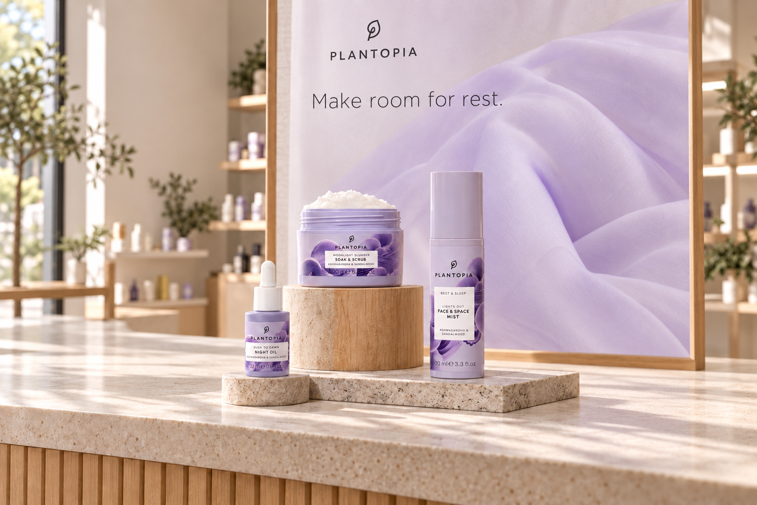 Plantopia retail discovery-counter concept with original lavender products, warm limestone and a restrained fabric campaign backdrop
