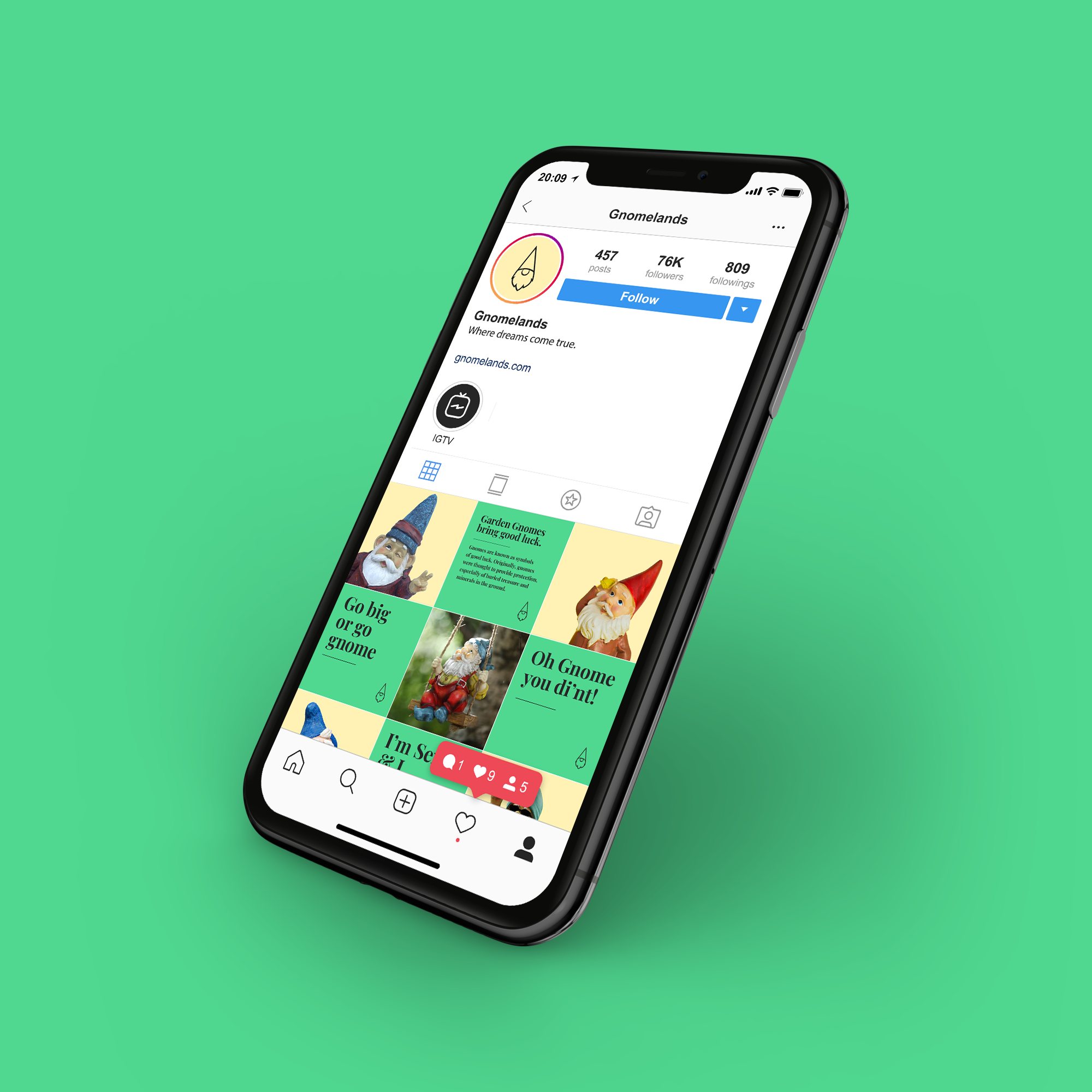 Original Gnomelands Instagram profile mockup showing the green-and-yellow social identity, gnome photography and playful copy