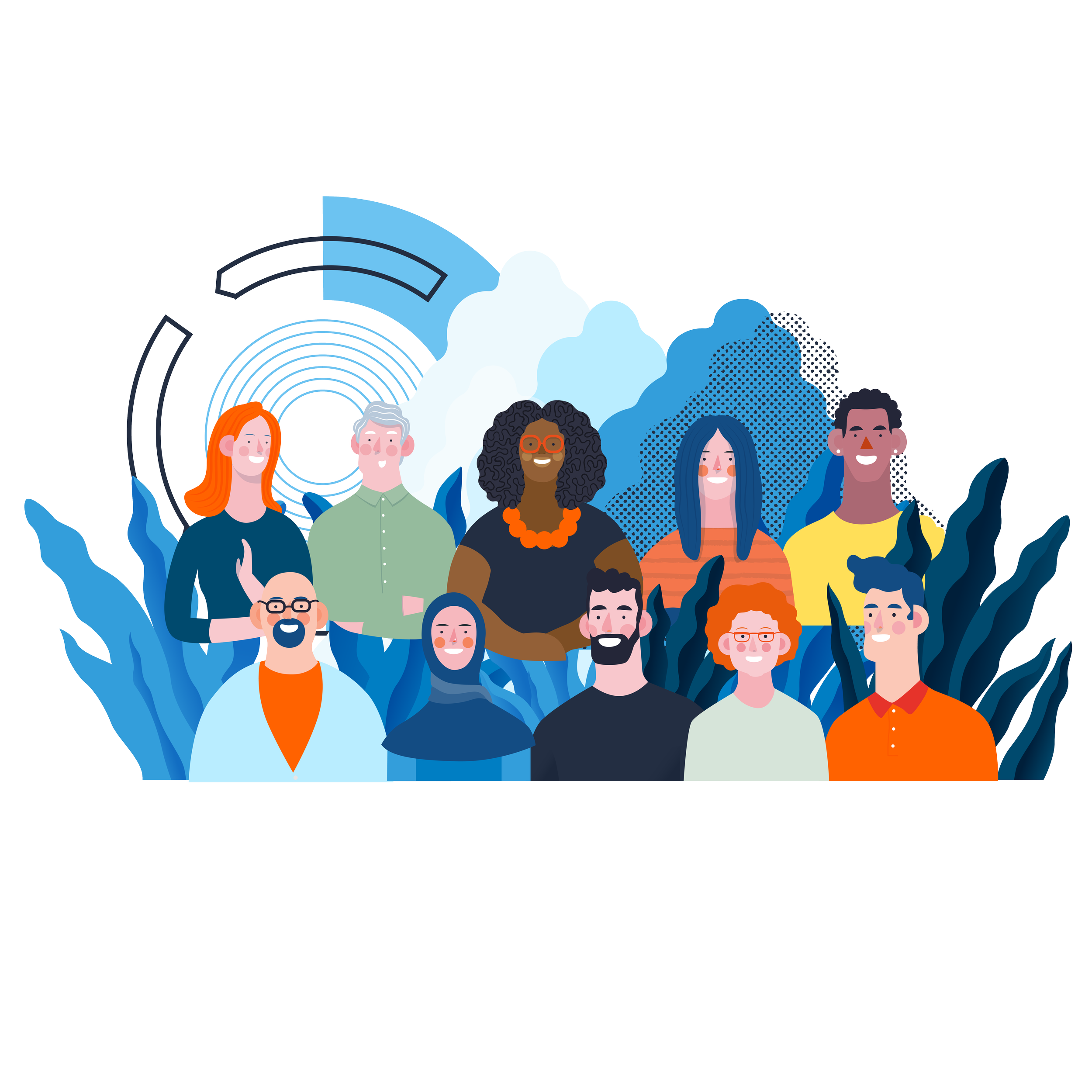 Original Verifa recruitment illustration showing a group of people against a blue and orange graphic landscape