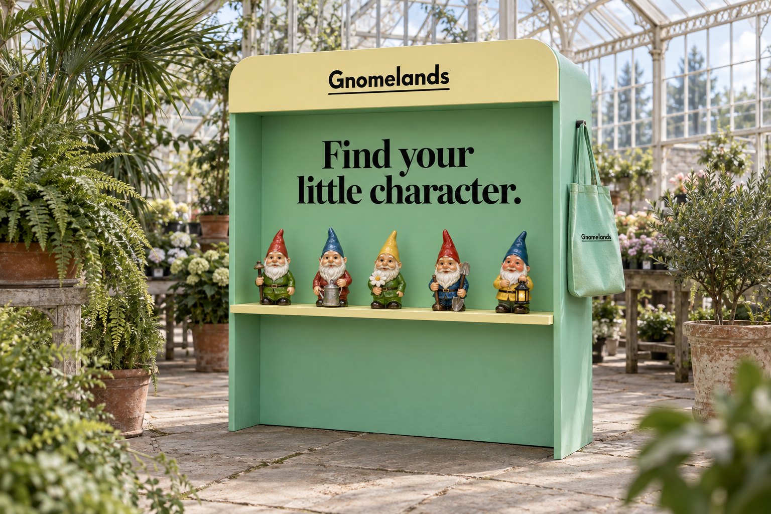 Gnomelands mint-green and yellow pop-up retail display with ceramic gnomes inside a planted glasshouse