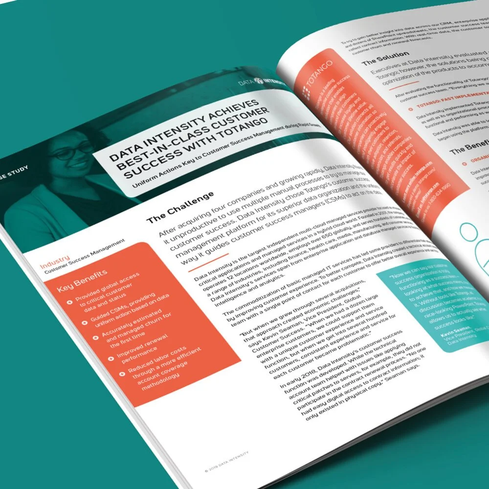 Original Data Intensity customer case study spread with structured columns, coral callouts and a teal photographic header