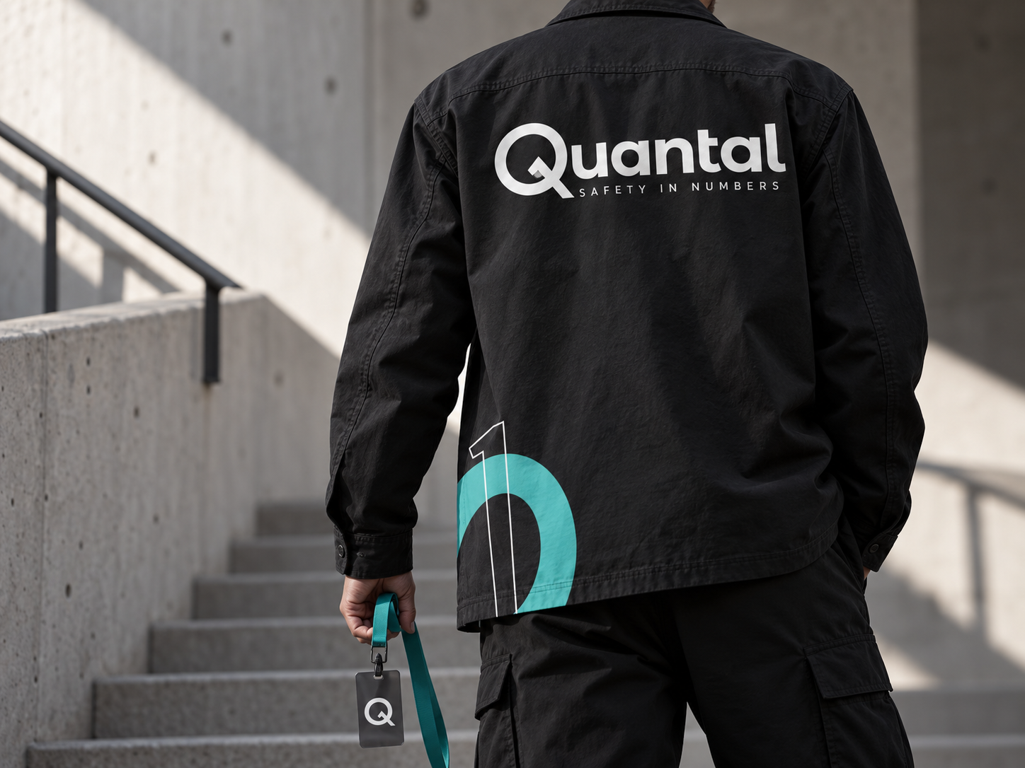 Quantal technical overshirt concept with the original white wordmark, turquoise binary graphics and a matching access badge