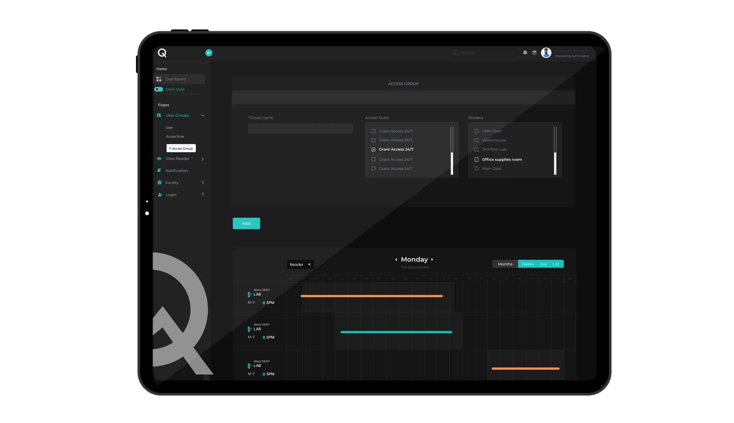 Original Quantal access management dashboard with a dark interface and turquoise highlights