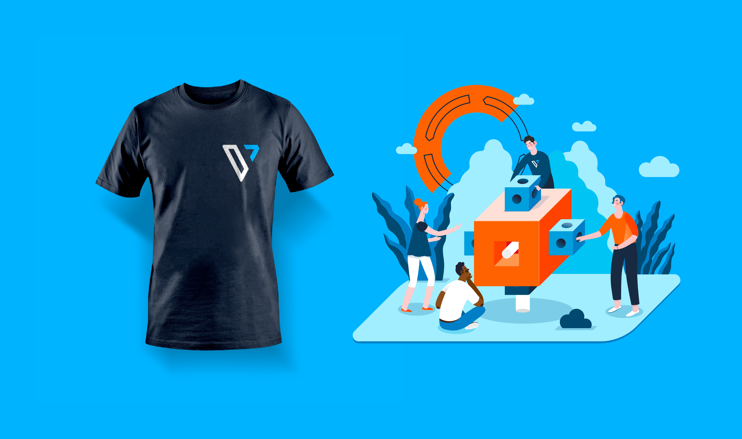 Original Verifa navy T-shirt with the angular V mark beside a collaborative software-building illustration