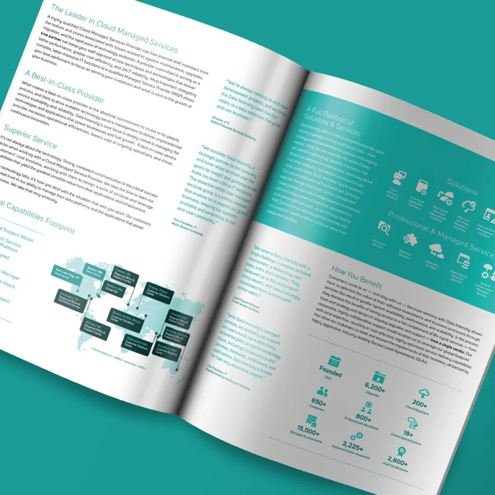 Original Data Intensity publication spread combining explanatory copy, a cloud-platform diagram and an icon system