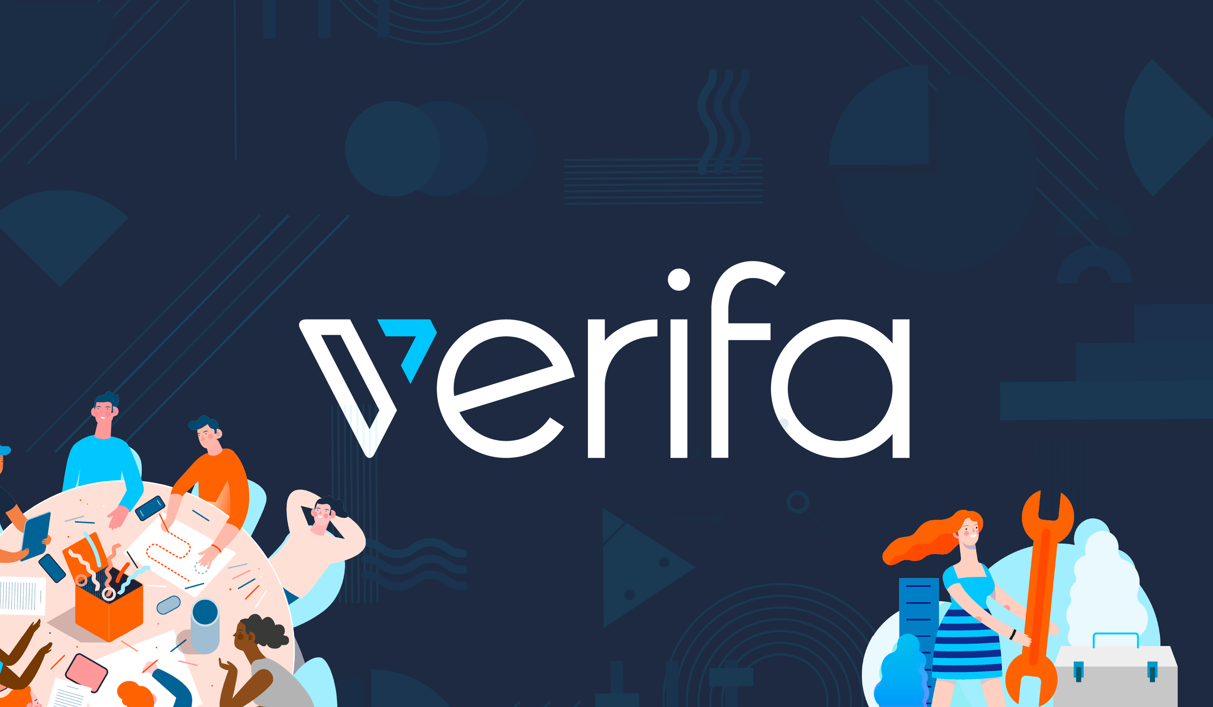 Original Phable Verifa identity with a thin geometric wordmark, angular V symbol, navy ground and blue-and-orange people illustrations