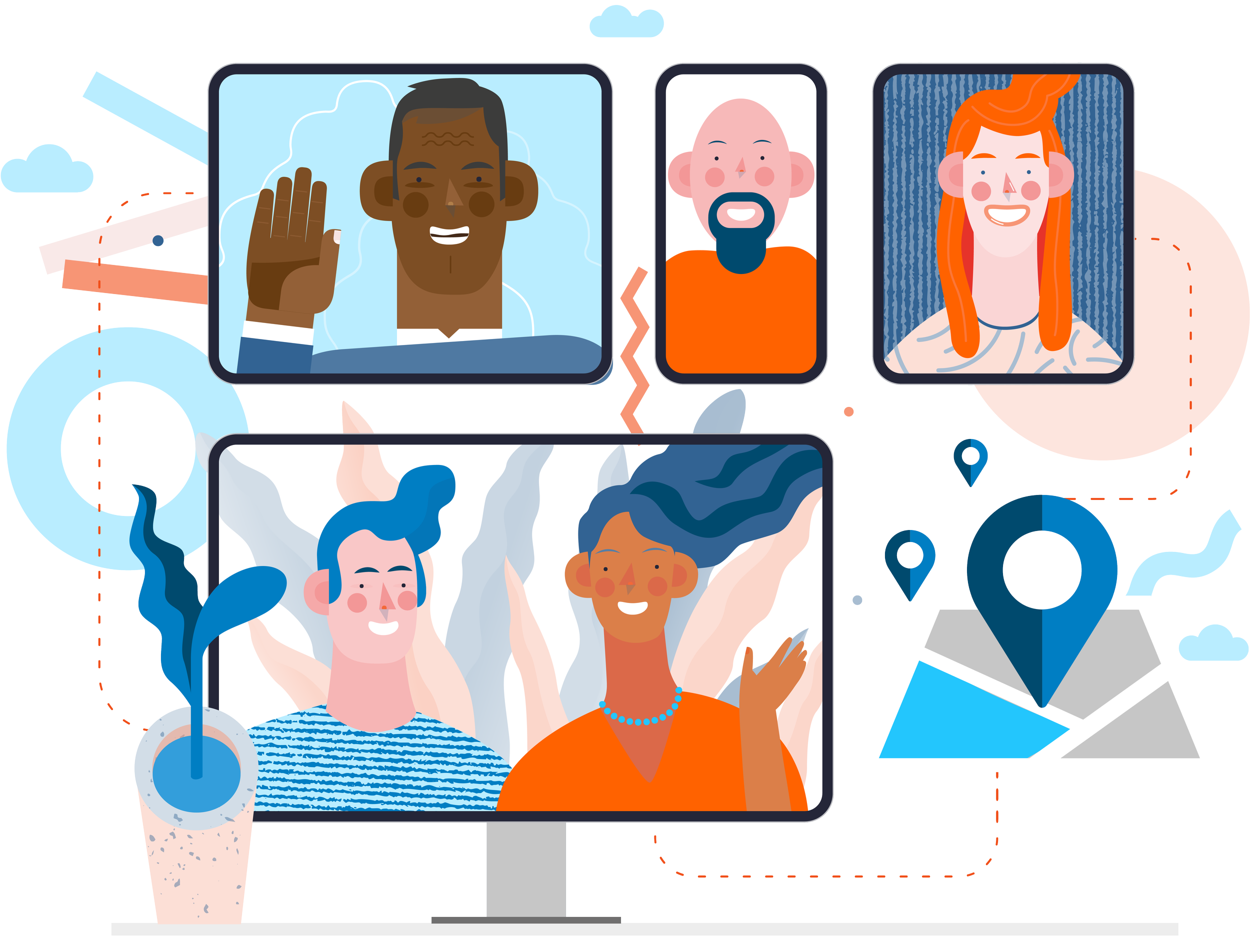 Original Verifa distributed-team illustration with people on connected screens and a location map