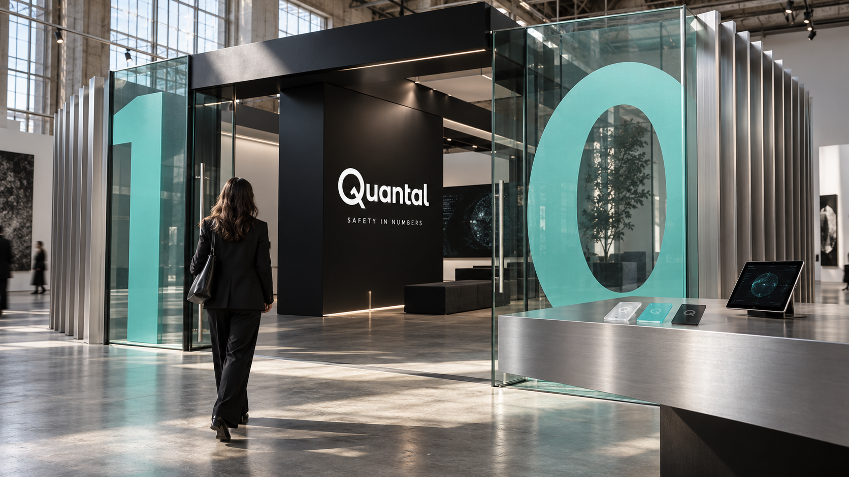 Quantal demonstration pavilion concept with a glass doorway, aluminium fins, turquoise binary numerals and the original white wordmark