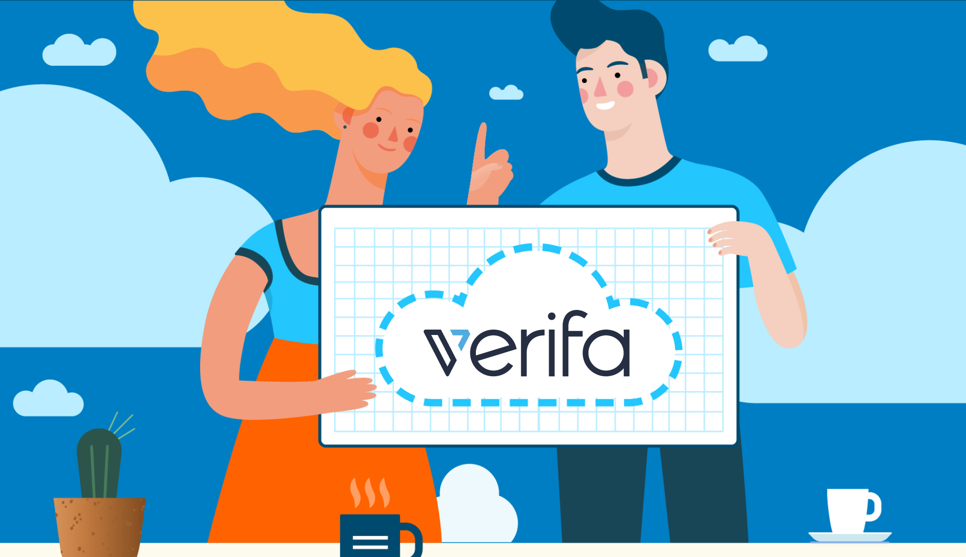 Original Verifa illustrated characters presenting the company wordmark inside a cloud outline