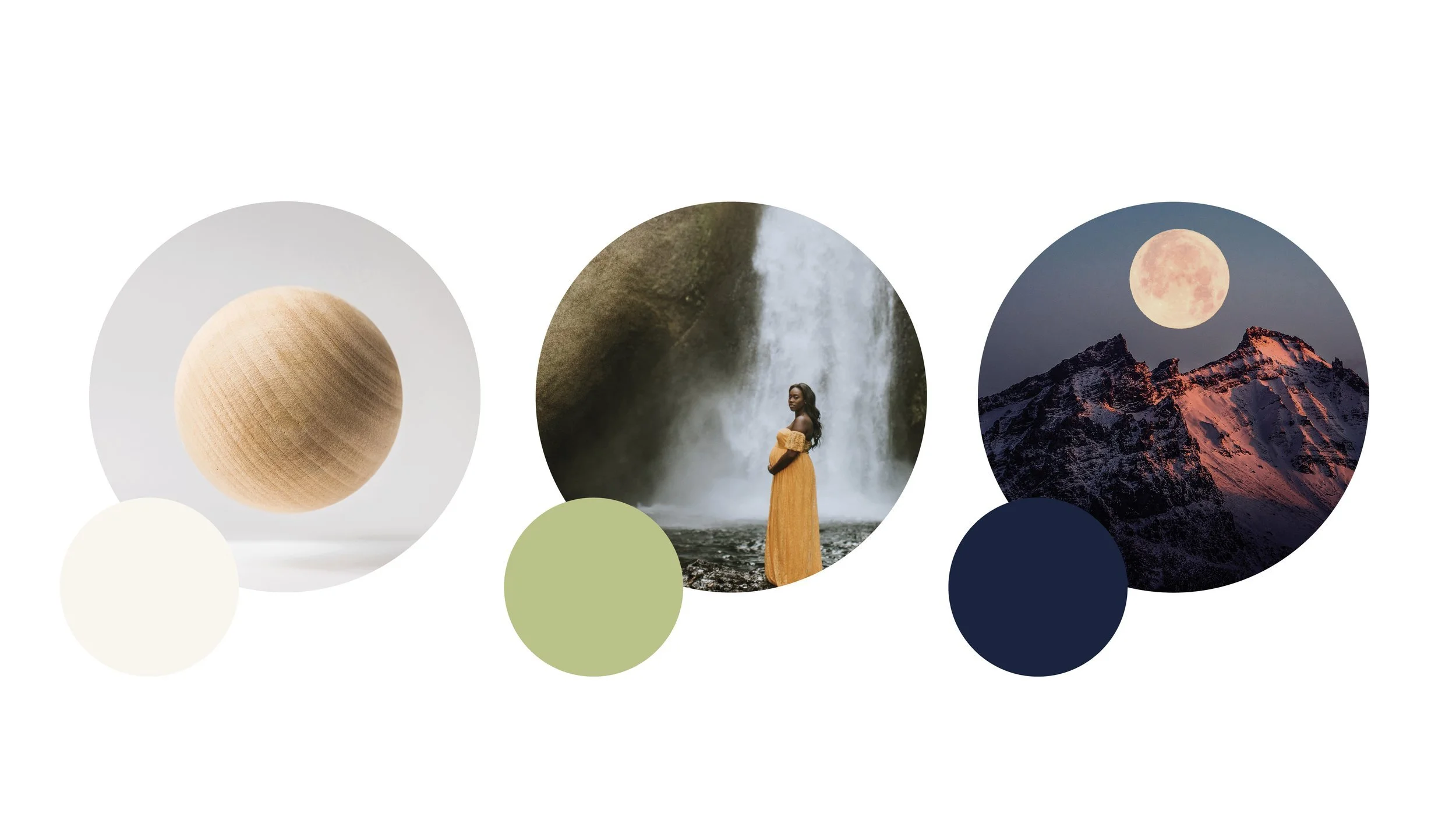 Original Soulloop colour and photography study pairing cream, sage and navy with natural materials, waterfall and moonlit mountains